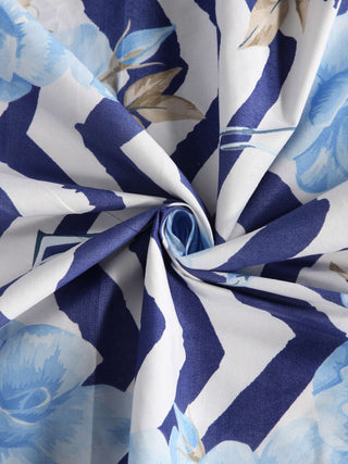 FABINALIV Blue Floral 300 TC Cotton Blend King Size Fitted Double Bedsheet with 2 Pillow Covers (250X225 cm)