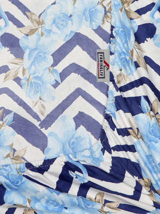 FABINALIV Blue Floral 300 TC Cotton Blend King Size Fitted Double Bedsheet with 2 Pillow Covers (250X225 cm)