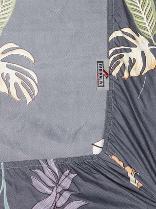FABINALIV Grey Floral 300 TC Cotton Blend King Size Fitted Double Bedsheet with 2 Pillow Covers (250X225 cm)