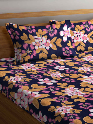 FABINALIV Grey Floral 300 TC Cotton Blend King Size Fitted Double Bedsheet with 2 Pillow Covers (250X225 cm)