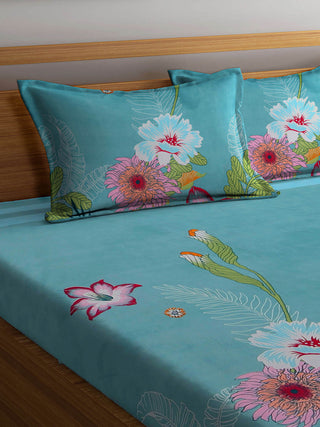 FABINALIV Teal Floral 300 TC Cotton Blend King Size Fitted Double Bedsheet with 2 Pillow Covers (250X225 cm)