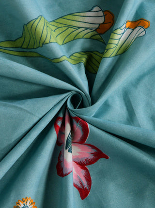 FABINALIV Teal Floral 300 TC Cotton Blend King Size Fitted Double Bedsheet with 2 Pillow Covers (250X225 cm)