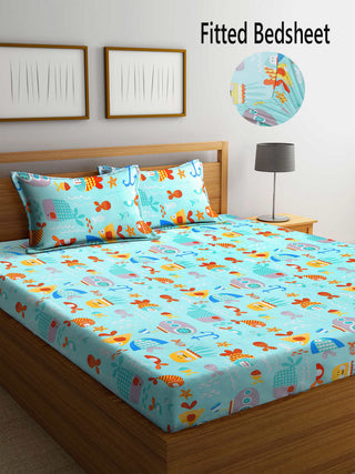 FABINALIV Multicolor Cartoon Print 300 TC Cotton Blend King Size Fitted Double Bedsheet with 2 Pillow Covers (250X225 cm)