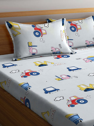 FABINALIV Multicolor Cartoon Print 300 TC Cotton Blend King Size Fitted Double Bedsheet with 2 Pillow Covers (250X225 cm)