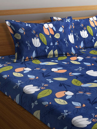 FABINALIV Blue Floral 210 TC Cotton Blend Super King Size Fitted Double Bedsheet with 2 Pillow Covers (270X270 cm)