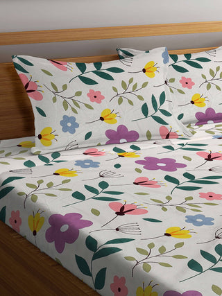 FABINALIV Multicolor Floral 210 TC Cotton Blend Super King Size Fitted Double Bedsheet with 2 Pillow Covers (270X270 cm)