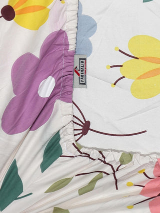 FABINALIV Multicolor Floral 210 TC Cotton Blend Super King Size Fitted Double Bedsheet with 2 Pillow Covers (270X270 cm)