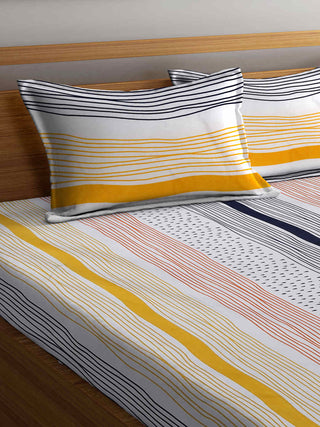 FABINALIV Multicolor Striped 210 TC Cotton Blend Super King Size Fitted Double Bedsheet with 2 Pillow Covers (270X270 cm)