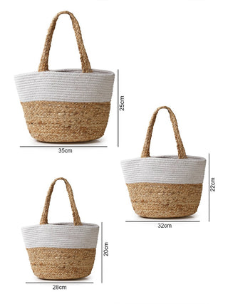 FABINALIV Set of 3 Beige Striped Braided Women Jute Hand Bag