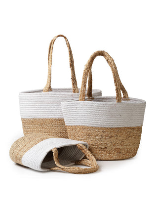 FABINALIV Set of 3 Beige Striped Braided Women Jute Hand Bag