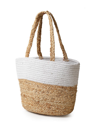 FABINALIV Set of 3 Beige Striped Braided Women Jute Hand Bag