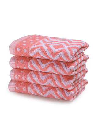 FABINALIV Unisex Set of 4 Peach Geometric 100% Cotton Hand Towels (50X33 cm)