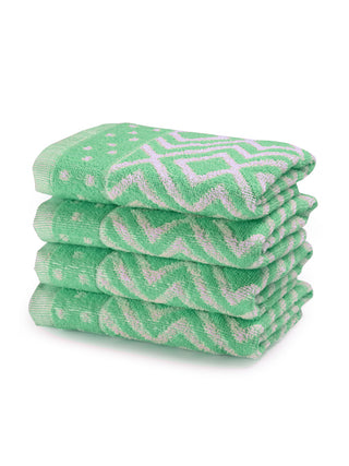FABINALIV Unisex Set of 4 Green Geometric 100% Cotton Hand Towels (50X33 cm)