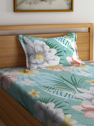 FABINALIV Green Floral 300 TC Cotton Blend Single Bedsheet with Pillow Cover (225X150 cm)