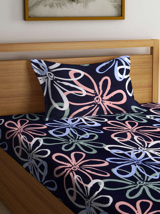 FABINALIV Blue Floral 300 TC Cotton Blend Single Bedsheet with Pillow Cover (225X150 cm)