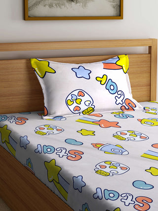 FABINALIV White Cartoon Print 300 TC Cotton Blend Single Bedsheet with Pillow Cover (225X150 cm)