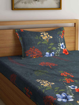 FABINALIV Grey Floral 300 TC Cotton Blend Single Bedsheet with Pillow Cover (225X150 cm)