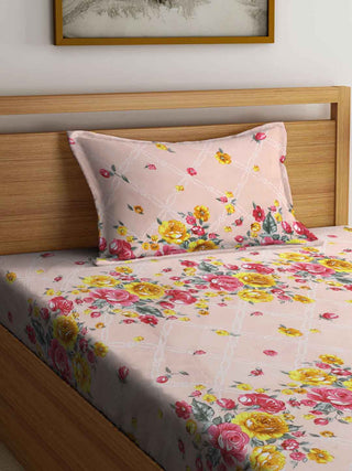 FABINALIV Peach Floral 300 TC Cotton Blend Single Bedsheet with Pillow Cover (225X150 cm)