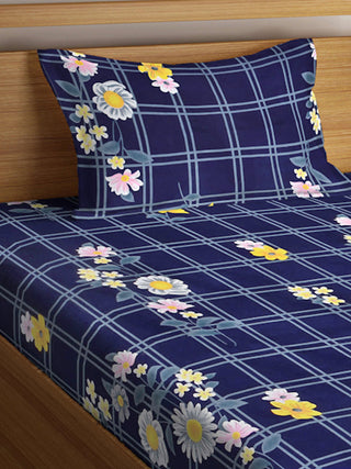 FABINALIV Blue Floral 300 TC Cotton Blend Single Bedsheet with Pillow Cover (225X150 cm)