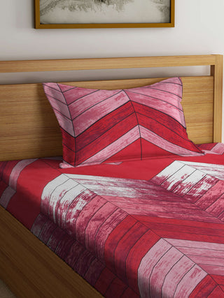 FABINALIV Red Geometric 300 TC Cotton Blend Single Bedsheet with Pillow Cover (225X150 cm)