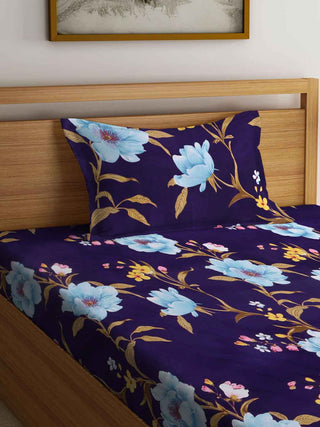 FABINALIV Purple Floral 300 TC Cotton Blend Single Bedsheet with Pillow Cover (225X150 cm)