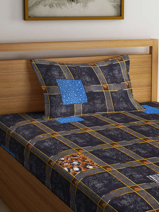 FABINALIV Black Geometric 300 TC Cotton Blend Single Bedsheet with Pillow Cover (225X150 cm)