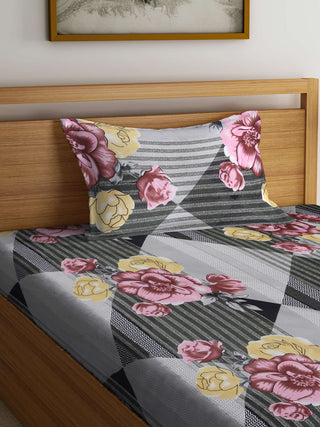 FABINALIV Multicolor Floral 300 TC Cotton Blend Single Bedsheet with Pillow Cover (225X150 cm)