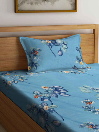 FABINALIV Blue Floral 300 TC Cotton Blend Single Bedsheet with Pillow Cover (225X150 cm)