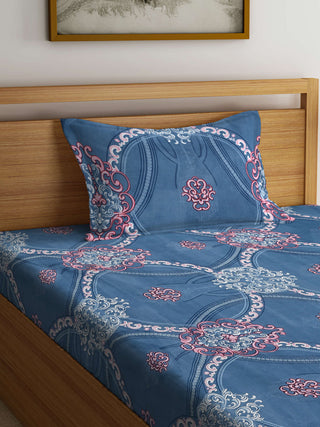FABINALIV Blue Motifs 300 TC Cotton Blend Single Bedsheet with Pillow Cover (225X150 cm)