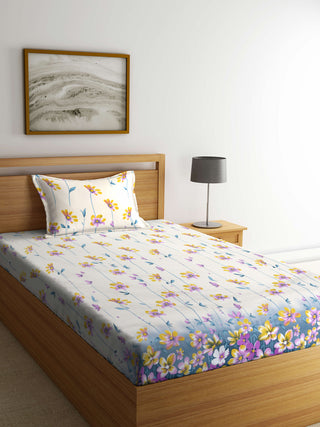 FABINALIV Cream Floral 300 TC Cotton Blend Single Bedsheet with Pillow Cover (225X150 cm)