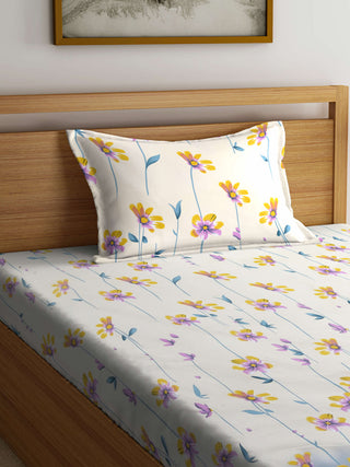 FABINALIV Cream Floral 300 TC Cotton Blend Single Bedsheet with Pillow Cover (225X150 cm)