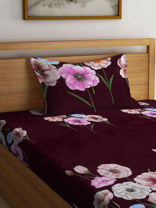 FABINALIV Maroon Floral 210 TC Cotton Blend Single Bedsheet with Pillow Cover (225X150 cm)