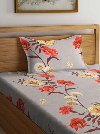 FABINALIV Beige Floral 300 TC Cotton Blend Single Bedsheet with Pillow Cover (225X150 cm)