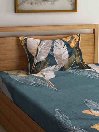 FABINALIV Grey Floral 300 TC Cotton Blend Single Bedsheet with Pillow Cover (225X150 cm)