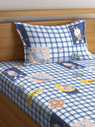 FABINALIV Blue Cartoon Print 300 TC Cotton Blend Single Bedsheet with Pillow Cover (225X150 cm)