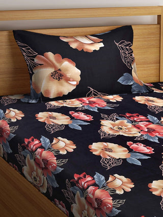 FABINALIV Black Floral 300 TC Cotton Blend Single Bedsheet with Pillow Cover (225X150 cm)