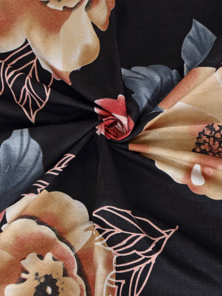 FABINALIV Black Floral 300 TC Cotton Blend Single Bedsheet with Pillow Cover (225X150 cm)