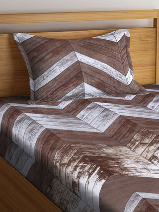 FABINALIV Brown Geometric 300 TC Cotton Blend Single Bedsheet with Pillow Cover (225X150 cm)