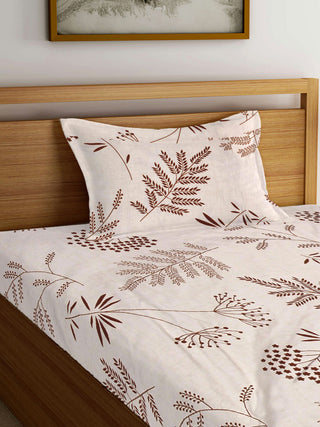 FABINALIV Cream Floral 300 TC Cotton Blend Single Bedsheet with Pillow Cover (225X150 cm)