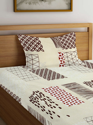 FABINALIV Cream Geometric 210 TC Cotton Blend Single Bedsheet with Pillow Cover (225X150 cm)
