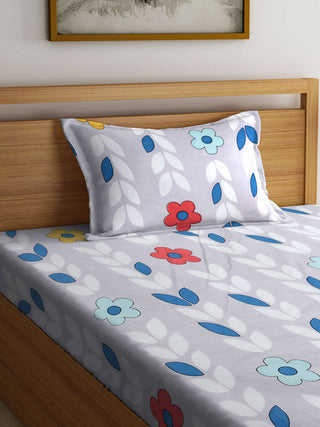 FABINALIV Grey Floral 300 TC Cotton Blend Single Bedsheet with Pillow Cover (225X150 cm)