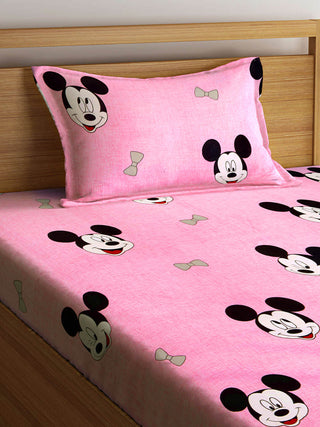 FABINALIV Pink Cartoon Print 300 TC Cotton Blend Single Bedsheet with Pillow Cover (225X150 cm)