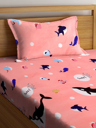 FABINALIV Peach Cartoon Print 300 TC Cotton Blend Single Bedsheet with Pillow Cover (225X150 cm)