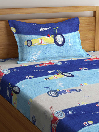 FABINALIV Multicolor Cartoon Print 300 TC Cotton Blend Single Bedsheet with Pillow Cover (225X150 cm)