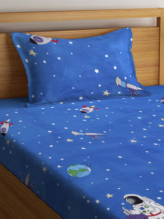 FABINALIV Blue Cartoon Print 300 TC Cotton Blend Single Bedsheet with Pillow Cover (225X150 cm)