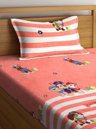 FABINALIV Peach Cartoon Print 300 TC Cotton Blend Single Bedsheet with Pillow Cover (225X150 cm)