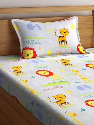 FABINALIV Multicolor Cartoon Print 300 TC Cotton Blend Single Bedsheet with Pillow Cover (225X150 cm)