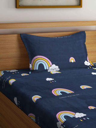 FABINALIV Blue Cartoon Print 300 TC Cotton Blend Single Bedsheet with Pillow Cover (225X150 cm)