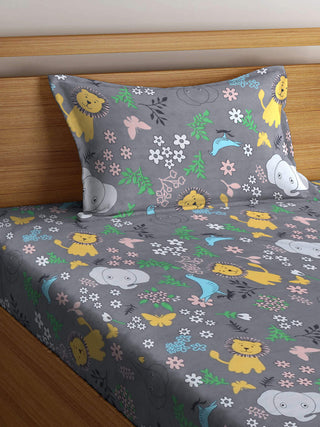 FABINALIV Multicolor Cartoon Print 300 TC Cotton Blend Single Bedsheet with Pillow Cover (225X150 cm)