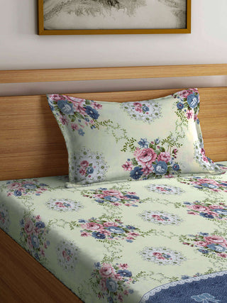 FABINALIV Multicolor Floral 300 TC Cotton Blend Single Bedsheet with Pillow Cover (225X150 cm)